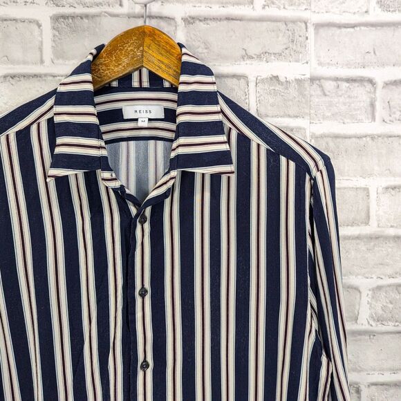REISS Men's Button up Keanu Striped Shirt Blue Stripes 100% Viscose size Medium - Picture 3 of 7